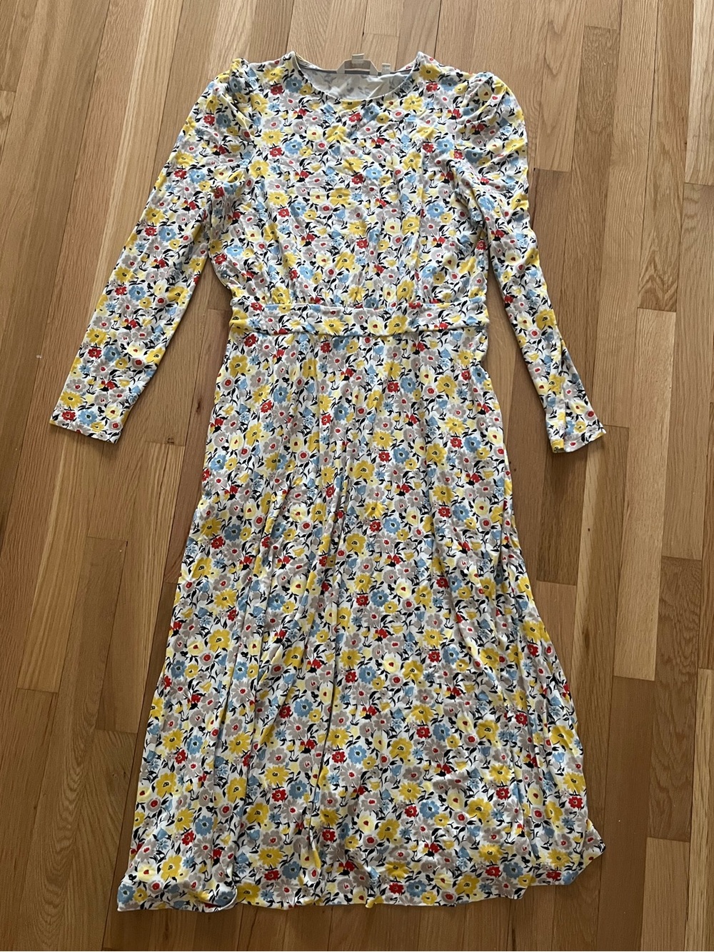 Boden Long Sleeve Floral Midi Dress in Cream with Yellow, Blue, Red Flowers